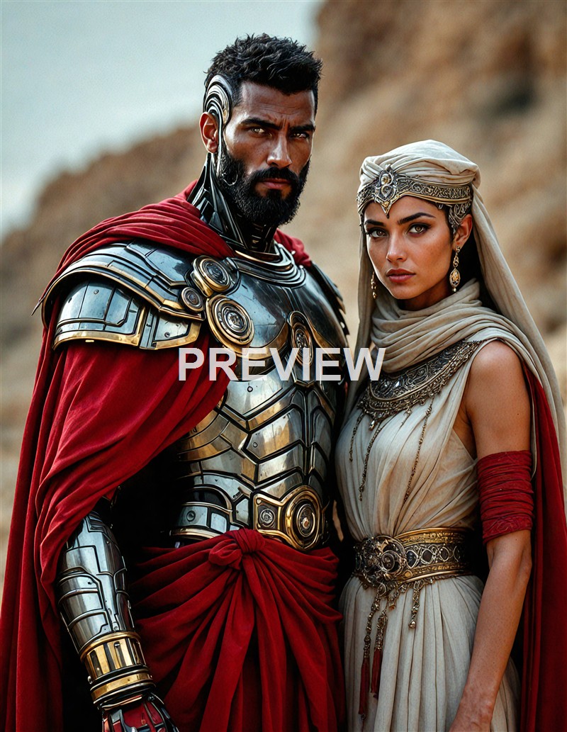 A man and a woman dressed in elaborate costumes stand close together against a rocky desert background, with the man wearing armor and a red cape, and the woman wearing a cream-colored dress and head wrap with intricate jewelry.